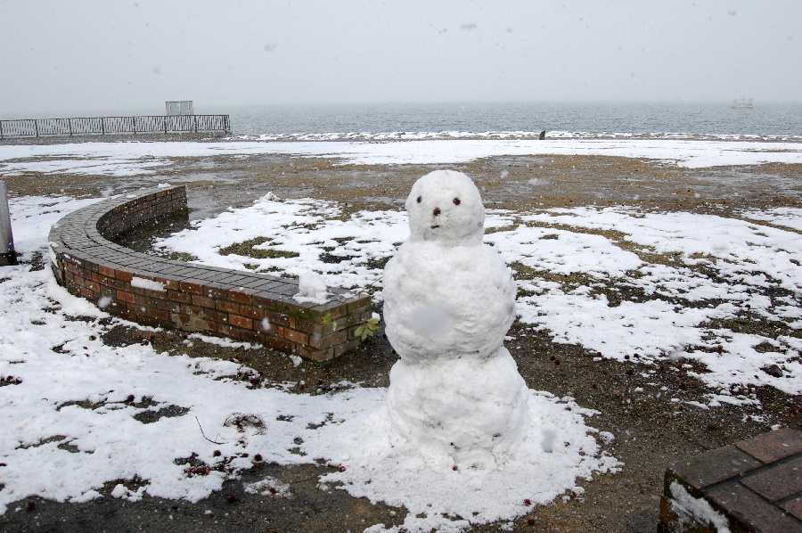 雪だるまが湖岸にいくつもありました